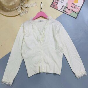 Lace Trim White Button Cardigan Sweater
